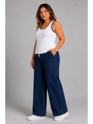 Banega Curve Kadın Büyük Beden Esnek Kumaş Lastikli Yüksek Bel Ipli Cepli Bol Paça Jeans Kot Pantolon