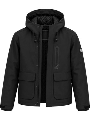 Sivaist Erkek Siyah Kışlık Mont Kapüşonlu Suya Dayanıklı Fermuarlı Çok Cepli Outdoor Mont&kaban
