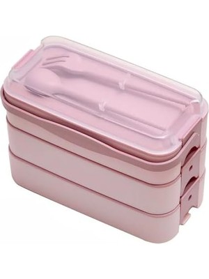 Bemy Ticaret Home 1260 ml 3 Katlı 6 Bölmeli Bpa'sız Pp Plastik Sefer Taşıma ve Beslenme Çantası, Kilitli Bento Lunch Box, Mikrodalgaya Uygun, Çatal ve Kaşık Dahil (Pembe)
