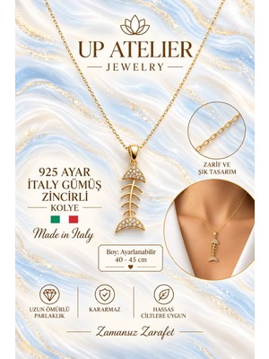 Up Atelier 925 Ayar Gümüş Ithal Zincirli Zirkon Taşlı Kılçıklı Balık Kolye 40-45CM Ayarlanabilir