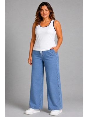 Banega Curve Kadın Büyük Beden Esnek Kumaş Lastikli Yüksek Bel Ipli Cepli Bol Paça Jeans Kot Pantolon