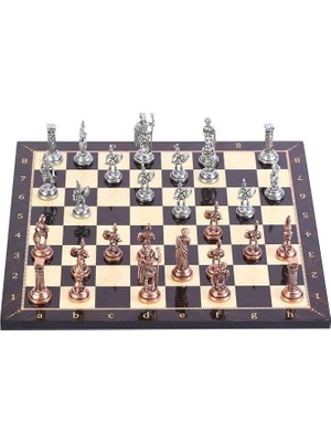 Bemy Ticaret Orta Boy Metal Roma Satranç Takımı Antik ve Ceviz Desenli Mdf Ahşap Satranç Tahtası (37X37 Cm.)