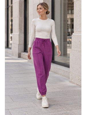 Quhox Kadın Yüksek Bel Cepli Jogger Eşofman Altı Mor