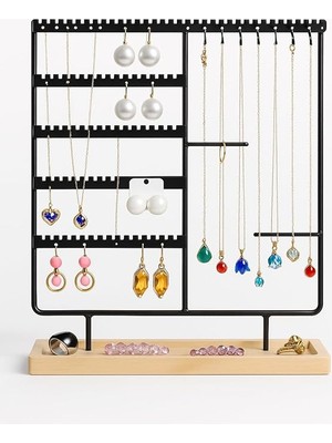 Bemy Ticaret Organizeri, Takı Standı Metal Stand ve Ahşap Taban, 35X30X9.5 Cm, Küpe Kolye Yüzük Düzenleyici, Siyah