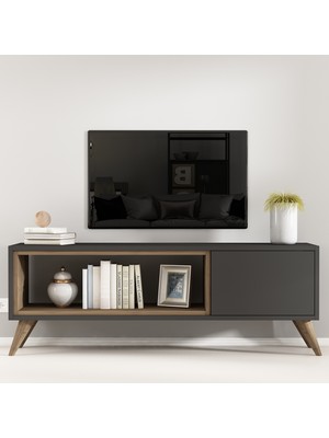 Givayo Mobilya Moussa Modern Tasarımlı Tv Ünitesi Antrasit Ceviz Suntalam 123 cm Genişlik 45 cm Yükseklik
