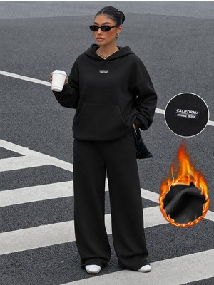 Macklin Unisex Kadın Erkek Calıfornıa Baskılı Oversize 3 Iplik Kapüşonlu Hoodie ve Baggy Eşofman Altı