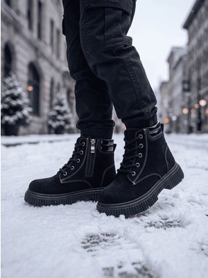 Tonny Black Çocuk Unisex Siyah Süet Rahat Kalıp Termo Taban Bağcıklı Bot