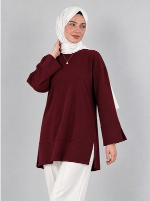Kadın Bordo Oversize Modal Kumaş Yırtmaç Detaylı Bisiklet Yaka Tesettür Tunik