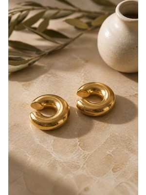 Lykos Kadın Gold Renk Paslanmaz Çelik Dolgun Earcuff Küpe