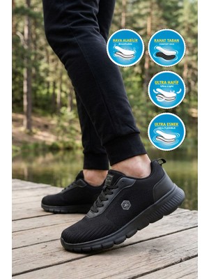 Walkway Erkek Siyah-Siyah Günlük Spor Ayakkabı Hafif Rahat Tabanlı Bağcıklı Sneaker 26108