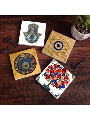 Odea Pinecone Stone Nazar, Nar Ağacı, Fatma Ana Eli (Hamsa) Taş Bardak Altlığı Seti - 4 Parça - Dekoratif, Rustik Mutfak Aksesuarı, 10X10 Cm, Kaydırmaz Tabanlı, Şık ve Dayanıklı SC509