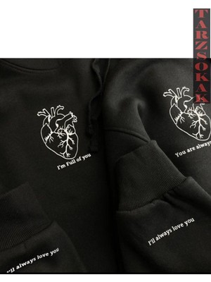 Odea Tarzsokak Kalp Kol Baskılı Kapüşonlu Çift Sevgili Kombinleri Couple Clothing Yeni Sezon 2 Adet, Siyah Full Of You, L