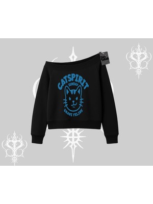 Odea Tarzsokak Catspirit Sunday Brave Feline Yazılı Kedi Baskılı Kayık Yaka Sweatshirt, Siyah, S