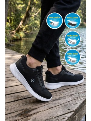Walkway Erkek Siyah-Beyaz Günlük Spor Ayakkabı Hafif Rahat Tabanlı Bağcıklı Sneaker 26108