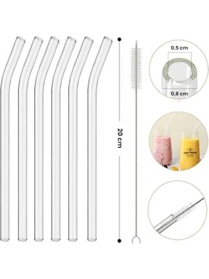 Odea 6 Adet Kalın ve Büyük Boy Cam Pipet, Temizleme Fırçası Hediyeli Eğimli Şeffaf Cam Pipet Seti Şeffaf