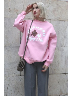 Odea Madmext Pembe Bisiklet Yaka Baskılı Sweatshirt MG1572,PEMBE L