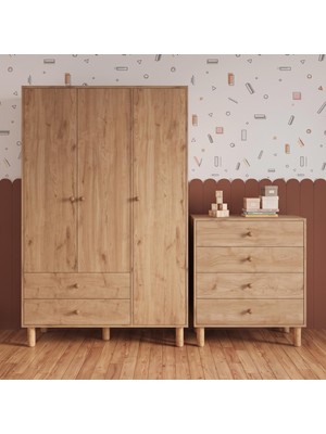 Bimossa TK3050 Bunny Sepet 3 Kapaklı Gardırop ve 4 Çekmeceli Şifonyer Yüksek Ayaklı Bebek Çocuk Odası Takımı