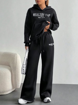 Macklin Unisex Kadın Erkek Healty For Baskılı Oversize 3 Iplik Kapüşonlu Sweatshirt ve Baggy Eşofman Altı
