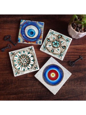 Odea Pinecone Stone Nazar, Çini Sanatı Taş Bardak Altlığı Seti - 4 Parça - Dekoratif, Rustik Mutfak Aksesuarı, 10X10 Cm, Kaydırmaz Tabanlı, Şık ve Dayanıklı SC373