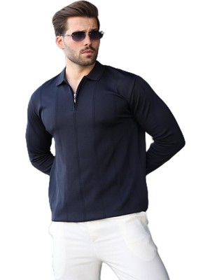 Odea Madmext Lacivert Polo Yaka Fermuarlı Erkek Kazak E7427,LACIVERT 2xl