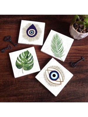 Odea Pinecone Stone Nazar, Yaprak Taş Bardak Altlığı Seti - 4 Parça - Dekoratif, Rustik Mutfak Aksesuarı, 10X10 Cm, Kaydırmaz Tabanlı, Şık ve Dayanıklı SC353