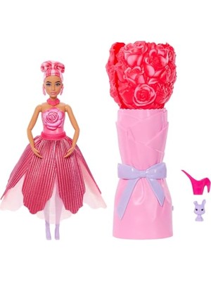 Odea Barbie Petal Pop Bebek ve Aksesuarlar, Gül Şeklinde Elbise Giyen Kokulu Bebek, Minik Tavşan ve Sulama Kabı, Kolye ve Küpe Gibi Sürprizler ile Çiçek Buketi Sürprizi, JMF59