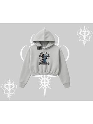 Odea Tarzsokak Detective Kitten Kedi Baskılı Kapşonlu Crop Sweatshirt, Gri, L