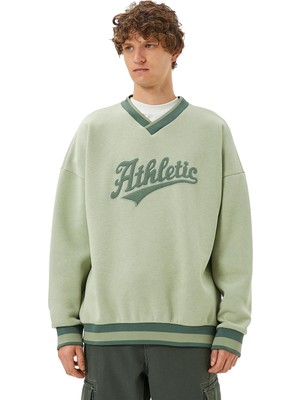 Odea Koton Erkek Kolej Oversize Sweatshirt V Yaka Aplike Işleme Detaylı Şardonlu Yeşil, M