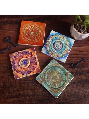 Odea Pinecone Stone Mandala, Yaşam Çiçeği, Sri Yantra Taş Bardak Altlığı Seti - 4 Parça - Dekoratif, Rustik Mutfak Aksesuarı, 10X10 Cm, Kaydırmaz Tabanlı, Şık ve Dayanıklı SC163
