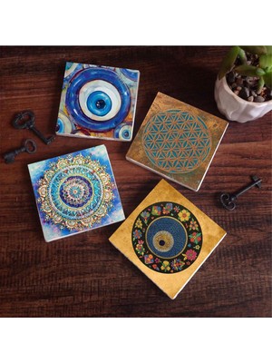Odea Pinecone Stone Nazar, Yaşam Çiçeği, Mandala Taş Bardak Altlığı Seti - 4 Parça - Dekoratif, Rustik Mutfak Aksesuarı, 10X10 Cm, Kaydırmaz Tabanlı, Şık ve Dayanıklı SC478