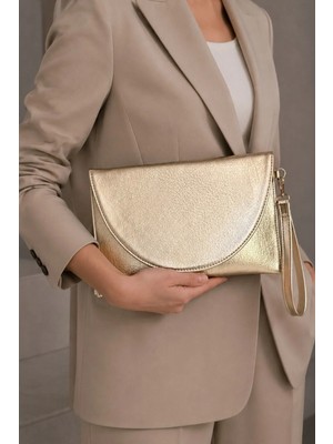 CLASSBAG Kadın Parlak Gold Zarif Zarf Model, Bilek Askılı Orta Boy Portföy Clutch Çanta (30CMX19CM)