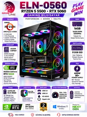 Gameline ELN-0560 Ryzen 5 5500 RTX 5060 16GB RAM 512GB SSD A520M Gaming Bilgisayar