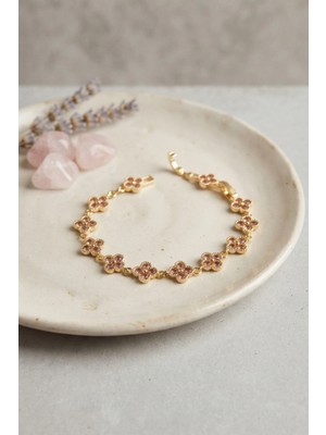 Marsilyan Gold Renk Pembe Zirkon Taşlı Yonca Model Kadın Bileklik TJ-BB8890