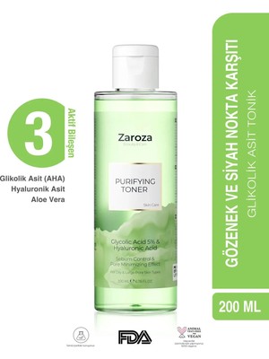 Zaroza Yeşil Tonik Glycolic Asit & Hyaluronic Asit 200 ml Tüm Cilt Tipleri İçin Gözenek Karşıtı Etki