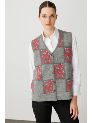 Desen Triko Kadın Pıtırcık Çiçekli Patchwork Keçe Yün Yelek Y.füme_y.ş.pembe