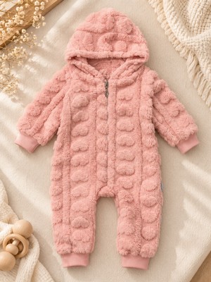 Lilliy Bebek Welsoft Tulum Kapüşonlu Fermuarlı Peluş Tulum Pembe 3-18 Ay