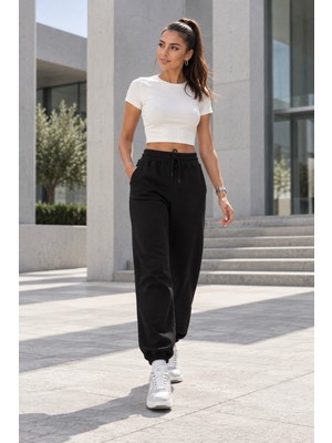 Quhox Kadın Yüksek Bel Jogger Eşofman Altı Siyah