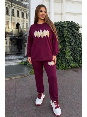 Koza Butik Kadın Büyük Beden Uzun Kollu Yaprak Desenli Eşofman Takımı 8301-27