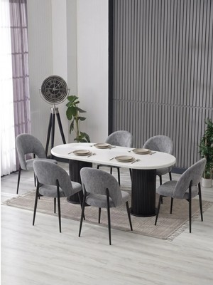 JoyMassa  Meri 90X180 Bohem Masa - 6 Adet Ay Sandalye / Kalve Kumaş- Mdf Masa