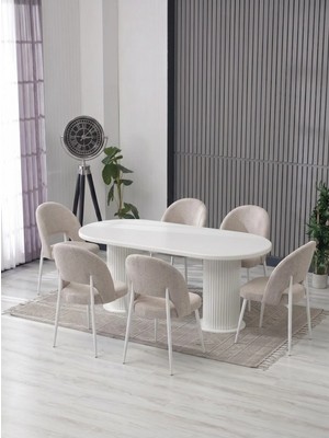 JoyMassa Meri 90X180 Bohem Masa - 6 Adet Ay Sandalye / Kalve Kumaş-Mdf Masa