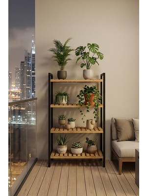 Exent Dekoratif 4 Raflı Ahşap Çiçeklik, Saksılık, Metal iskelet