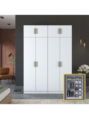 Rani BA216 Modüler Gardırop 4 Kapaklı Raflı Askılı Elbise Dolabı Beyaz