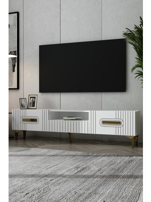 Dekortis Home Dekor 180DHDTSÇ8BA Luna Kapaklı Pleksi Lazer Desen Tv Sehpası Beyaz-Altın