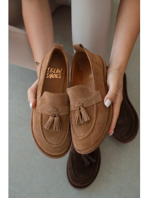 Selin Shoes Belluno Hakiki Deri Püsküllü Kadın Loafer- Taba Süet