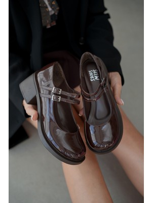 Selin Shoes Sandy Çift Bantlı Rugan Kadın Loafer- Kahve Rugan