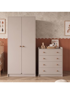 Bimossa TK2130 Daffy Iki Parça Bebek Odası Takımı Kumtaşı - Raflı Gardırop ve Dört Çekmeceli Şifonyer