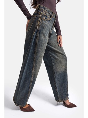 It's Basic Kadın Kot Rengi 4W6-8 Barrel Fit Yan Fermuar Detaylı Tasarım Denim Jean