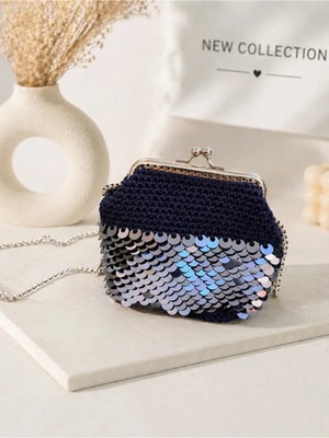 ZEA Bag El Yapımı Pullu Zincir Askılı Örgü Abiye Çanta Kadın Omuz ve Çapraz Askılı Mini Portföy Çanta Lacivert