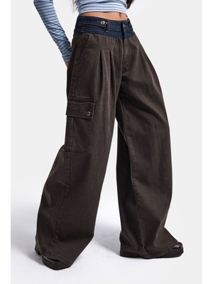 It's Basic Kadın Acı Kahve Süper Palazzo Kot Kemer Detaylı Kargo Cep Özel Tasarım Denim Jean