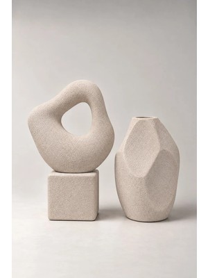 Dekomini Alora 2’li Modern Organik Form Dokulu Seramik Vazo Seti (Büyük 30X20 cm / Küçük 23X14 Cm)